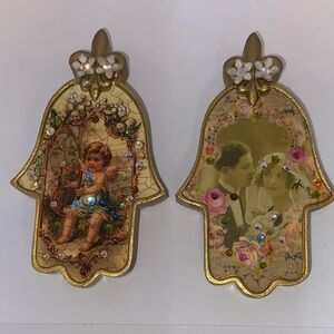 Michal Negrin Gold Jeweled Hamsa Wall Plaques with Cherub and Couple Motifs